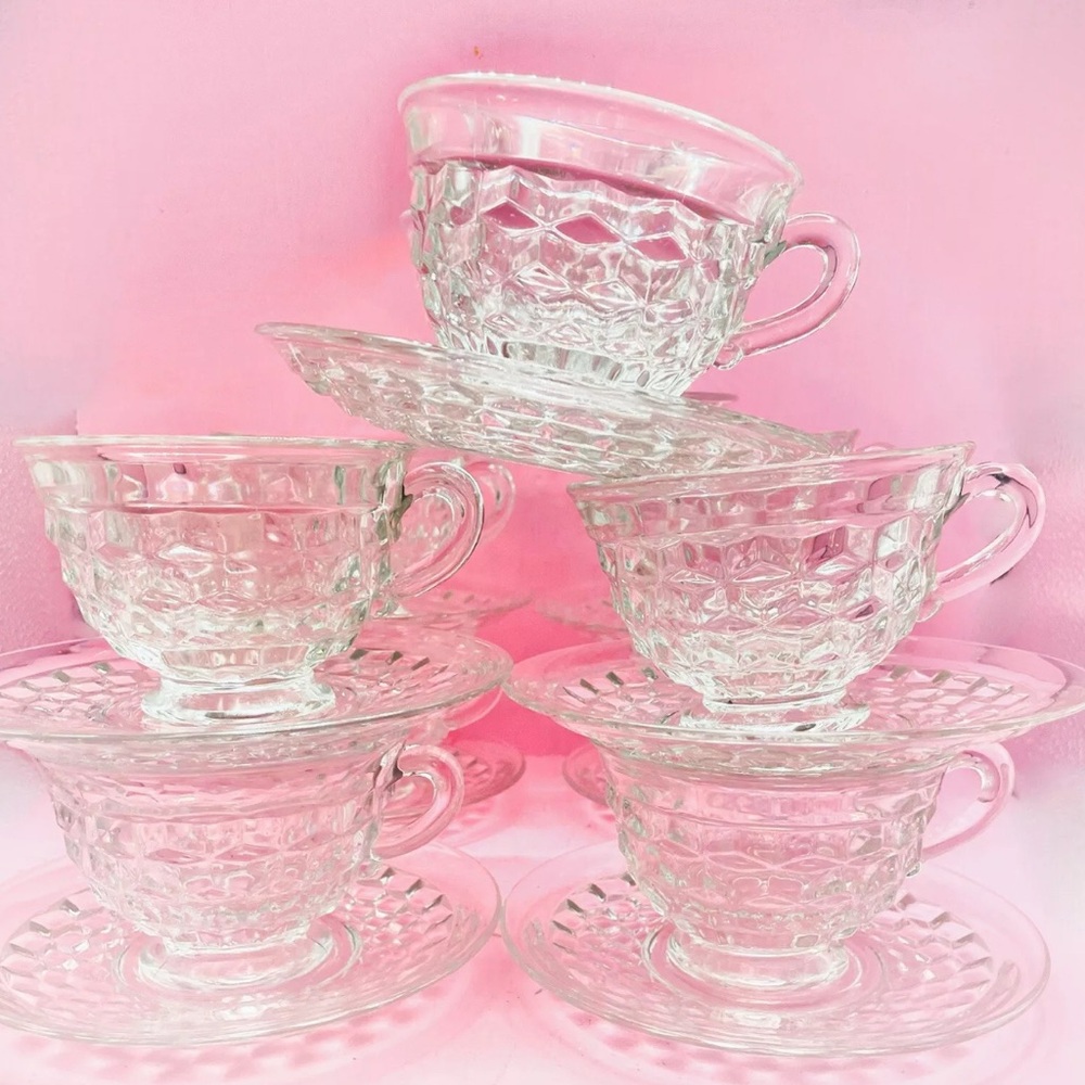 Fostoria American Clear Flared Matching Cup & Saucers Whitehall Cubic Cubist